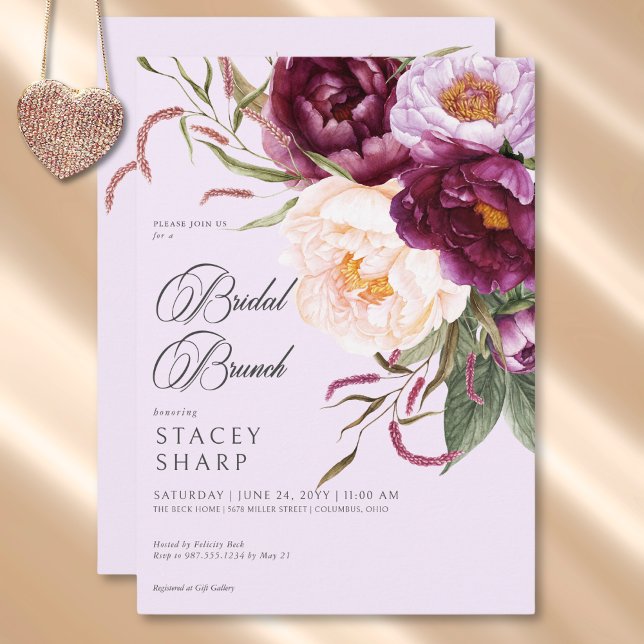 Invitación Brunch de novias de Borgoña y Peonies Rosados Rúst (Rustic Burgundy & Pink Peonies Bridal Brunch Invitation)