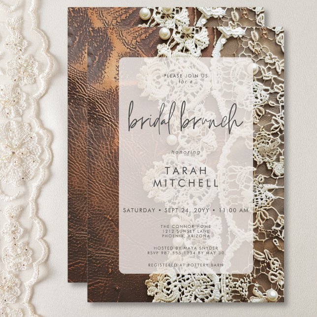Invitación Brunch de novias de cuero rústico y encaje (Rustic Leather & Bridal Lace Bridal Brunch Invitation)