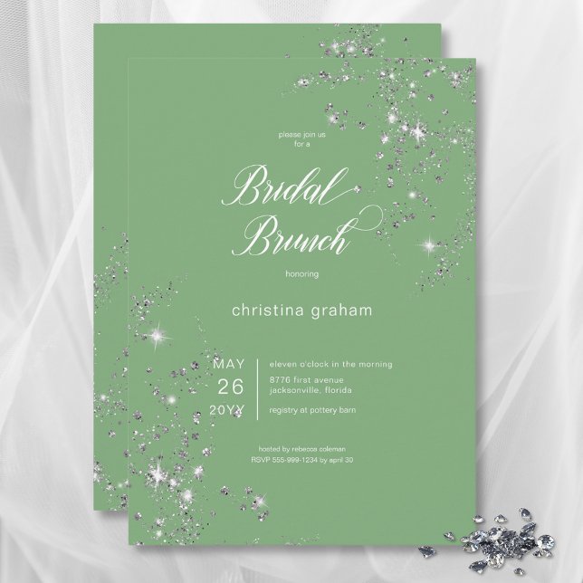 Invitación Brunch de novias de diamantes de Glam verde y blan (Modern Green & White Glam Diamonds Bridal Brunch Invitation)