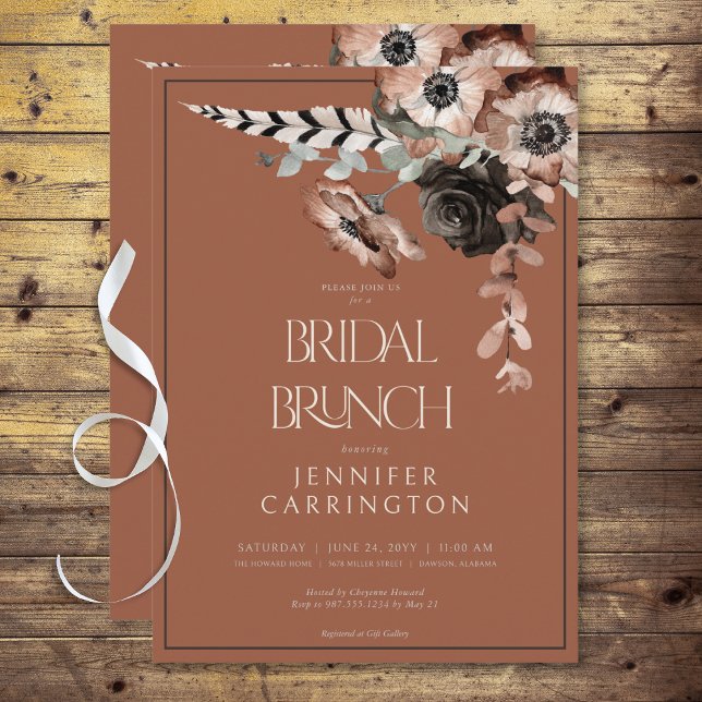 Invitación Brunch de novias de flores blancas y negras boho R (Boho Rust Black & White Flowers Bridal Brunch Invitation)