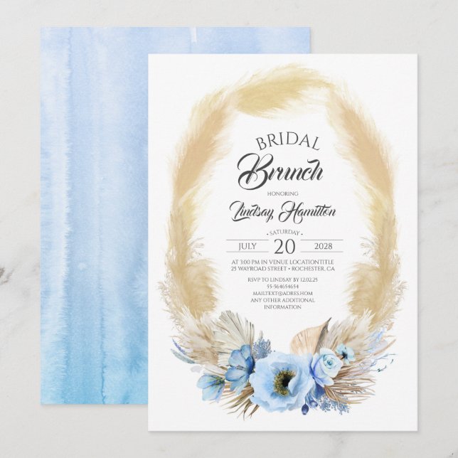 Invitación Brunch de novias de pampas Grass y Dusty Blue Flow (Anverso / Reverso)