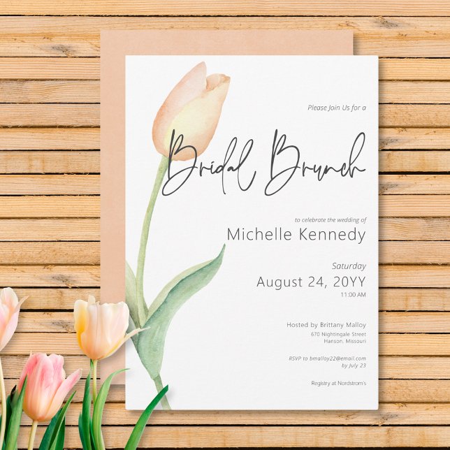 Invitación Brunch de novias de Tulip Solo Peach moderno (Modern Peach Tulip Solo Bridal Brunch Invitation)