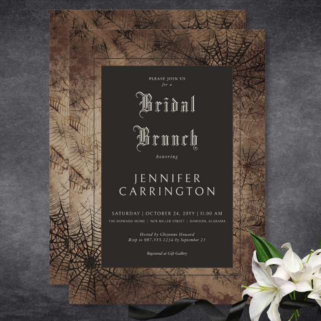 Invitación Brunch de novias en la web de marrón gótico oscuro (Dark Gothic Brown & Black Spider Web Bridal Brunch Invitation)
