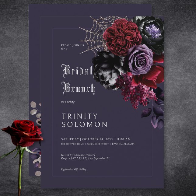 Invitación Brunch de novias en la web morado oscuro con flore (Dark Purple Floral & Silver Web Bridal Brunch Invitation)