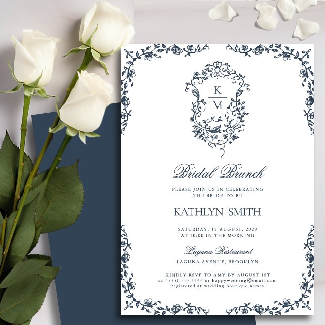 Invitación Brunch de novias Escudo de la Marina Blue Monogram (Subido por el creador)