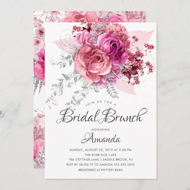 Invitación Brunch de novias floral rosa y plateado moderno (Anverso / Reverso)