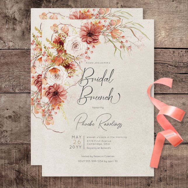 Invitación Brunch de novias florales de Naranja y crema de bo (Burnt Orange & Cream Boho Floral Bridal Brunch Invitation)