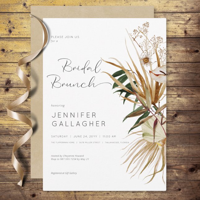 Invitación Brunch de novias florales y secas del Boho blanco  (Modern White Boho Dried Floral Bridal Brunch Invitation)
