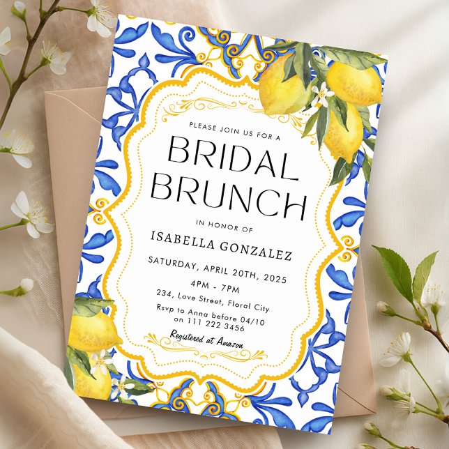 Invitación Brunch de novias mediterráneas Summer Lemon (Summer Lemon Mediterranean Bridal Brunch Invitation)