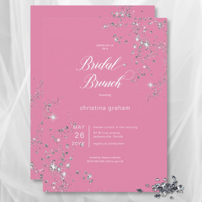 Invitación Brunch de novias moderno con diamantes de glam ros (Modern Pink & White Glam Diamonds Bridal Brunch Invitation)
