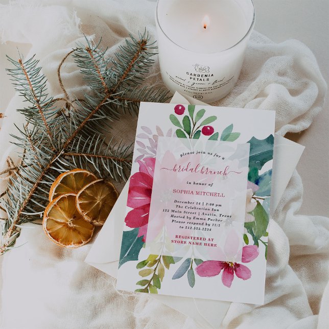 Invitación Brunch de novias navideñas navidades | Floral bril (A stylish and festive bridal shower brunch invitation for Christmas season weddings)