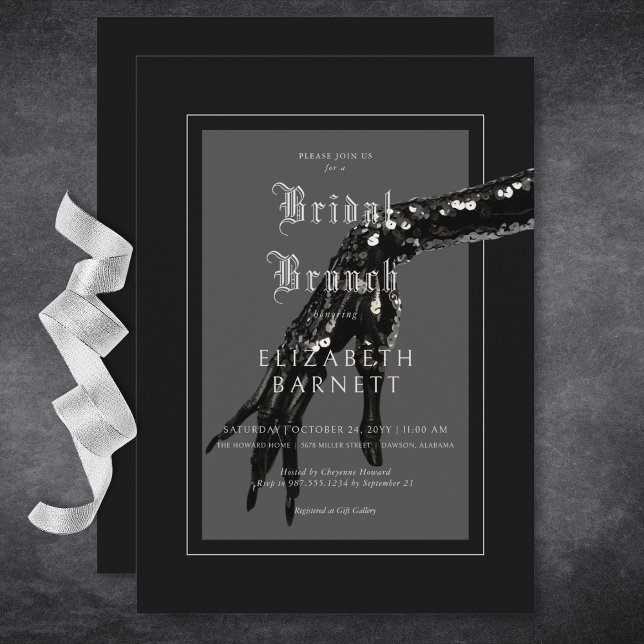 Invitación Brunch de novias oscuro gótico negro con secuencia (Dark Gothic Black Sequin Hand Bridal Brunch Invitation)