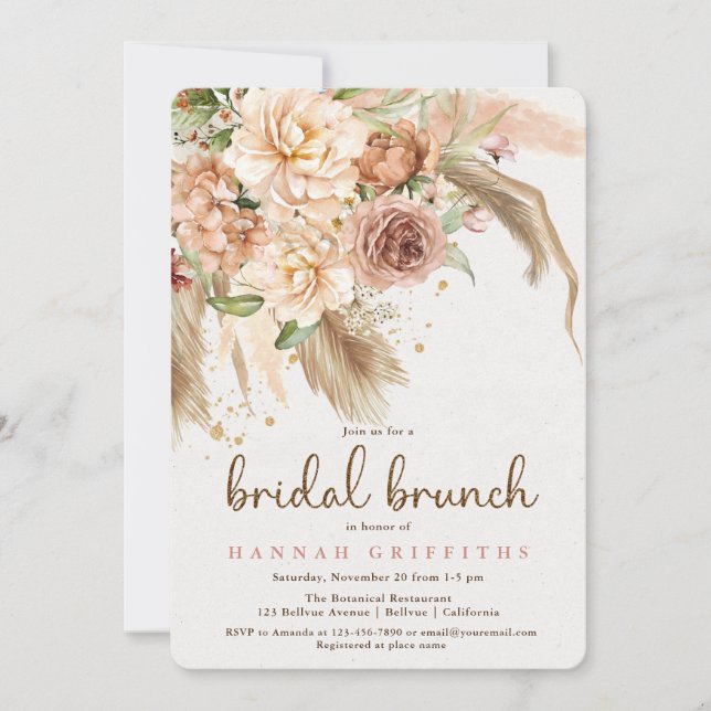 Invitación Brunch de novias para rosas de pasto y boho (Anverso)