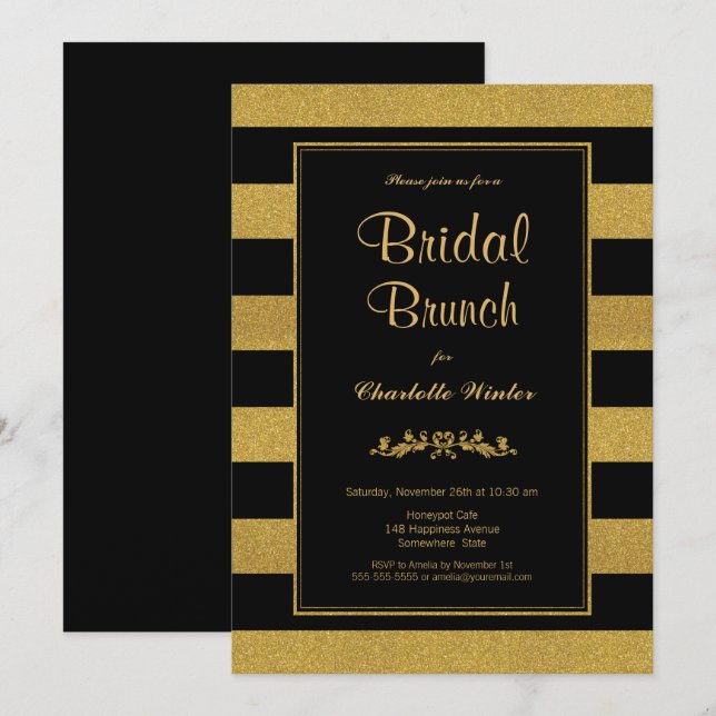 Invitación Brunch de novias rayado de oro negro (Anverso / Reverso)