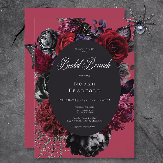 Invitación Brunch de Novias Rojas de Glam Floral Oscuro de Ha (Dark Halloween Glam Floral Red Bridal Brunch Invitation)