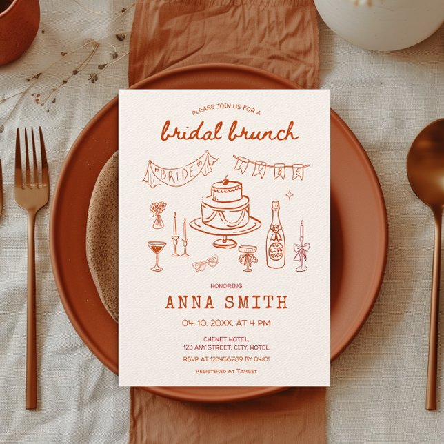 Invitación Brunch De Novias Rojas Único Y Excéntrico (Hand Drawn Red Bridal Brunch Quirky Whimsical Hand Illustrated Bridal Shower Invitation Cake Wine)
