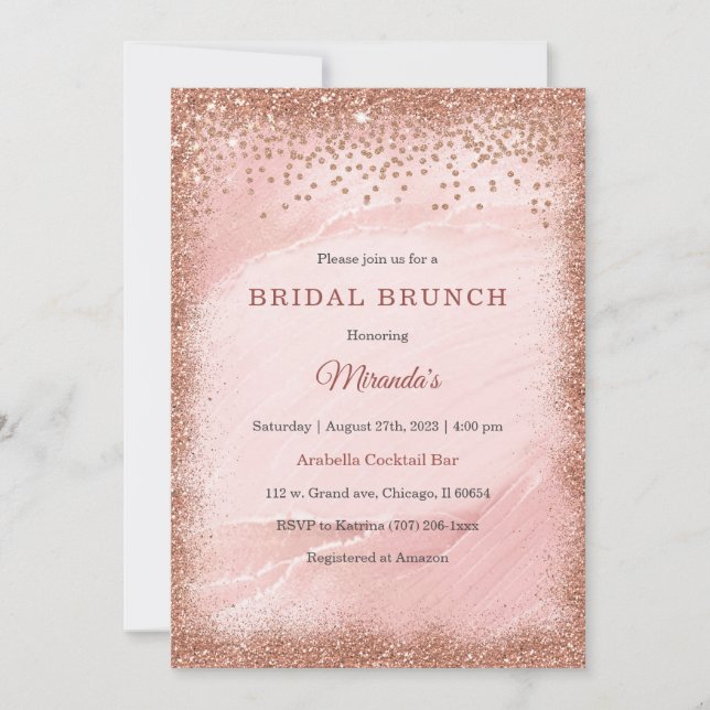 Invitación Brunch de novias Rosa Purpurina de oro personaliza (Anverso)