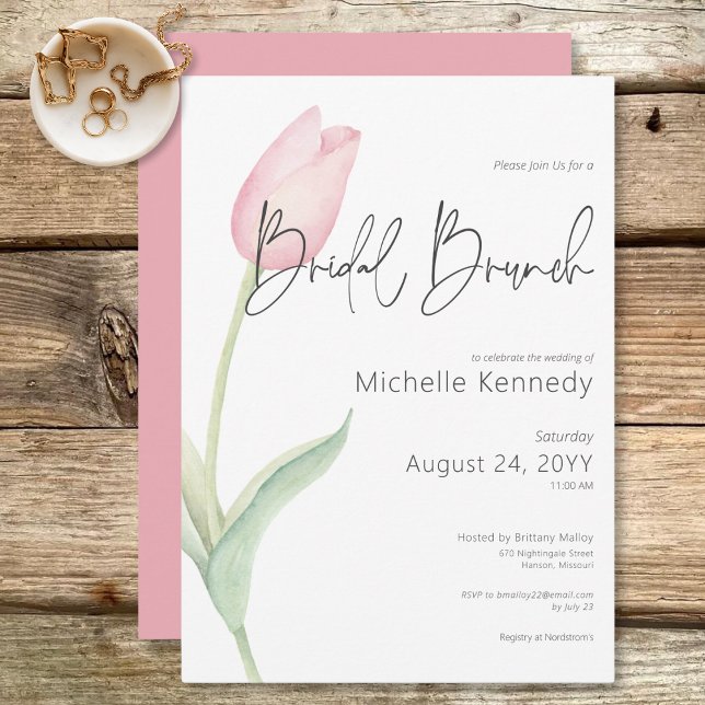 Invitación Brunch de novias rosado moderno tulipán solo (Modern Pink Tulip Solo Bridal Brunch Invitation)