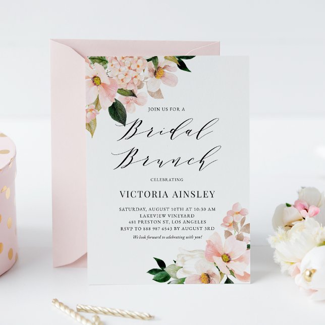 Invitación Brunch de novias Rubor Pink Magnolias e Hydrangeas (Subido por el creador)