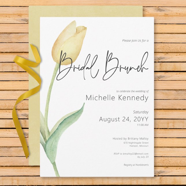 Invitación Brunch de novias Tulip Solo amarillo moderno (Modern Yellow Tulip Solo Bridal Brunch Invitation)