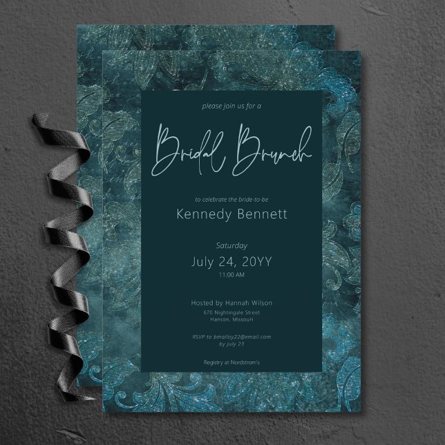 Invitación Brunch de novias Verde azulado de Damask en Victor (Dark Victorian Teal Damask Bridal Brunch Invitation)