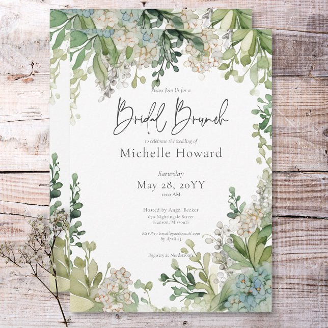 Invitación Brunch de novias verde por el aliento del recién n (Delicate Modern Baby's Breath Green Bridal Brunch Invitation)