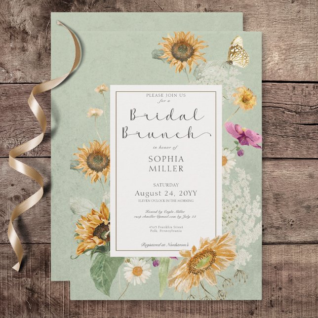Invitación Brunch de Novias Verdes Verdes Vintage (Vintage Sunflower Green Bridal Brunch Invitation)