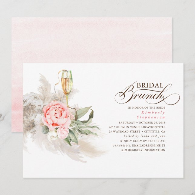 Invitación Brunch de novios de pampas con flores rosadas (Anverso / Reverso)