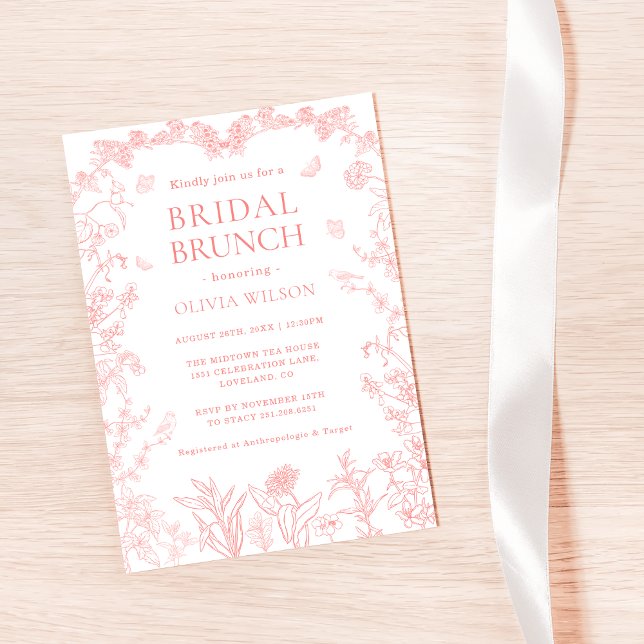 Invitación Brunch de novios de Peach Pink Garden Chinoiserie (Whimsical Peach Pink Garden Chinoiserie Bridal Brunch Invitation)