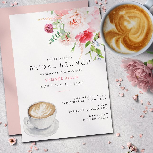 Invitación Brunch de novios de Peony Garden con café rosa de  (Subido por el creador)