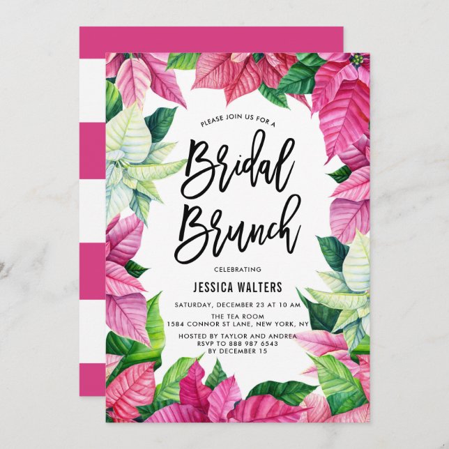 Invitación Brunch de nuez floral de poinsettias rosadas (Anverso / Reverso)
