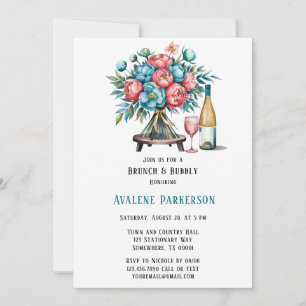 Invitación Brunch de oro de coral y Verde azulados Peonies y
