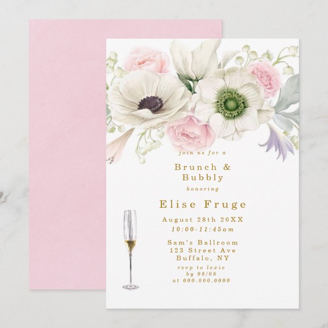 Invitación Brunch de oro de Peony Rosa de Rubor Anemone (Anverso / Reverso)