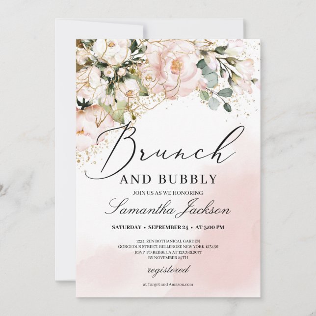 Invitación Brunch de oro floral rosa rubio y burbujeante (Anverso)