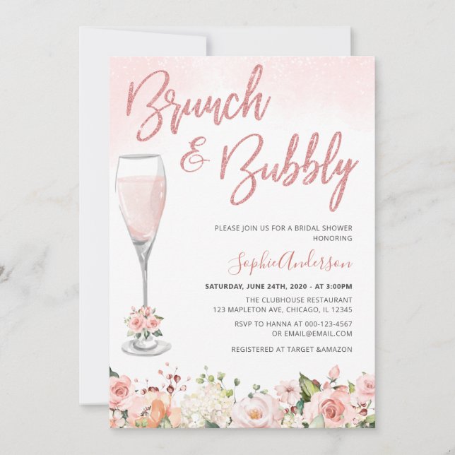 Invitación Brunch De Oro Rosa De Rubor Y Ducha Bridal Bubbly (Anverso)