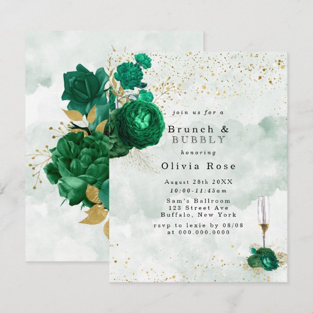 Invitación Brunch de oro y burbuja de Peony verde de Esmerald (Anverso / Reverso)