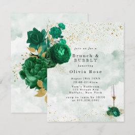 Invitación Brunch de oro y burbuja de Peony verde de Esmerald