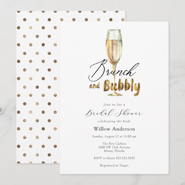 Invitación Brunch de oro y champán espumoso ducha de novia In (Anverso / Reverso)