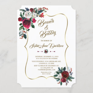 Invitación Brunch de oro y picor de vino floral de borgoña de