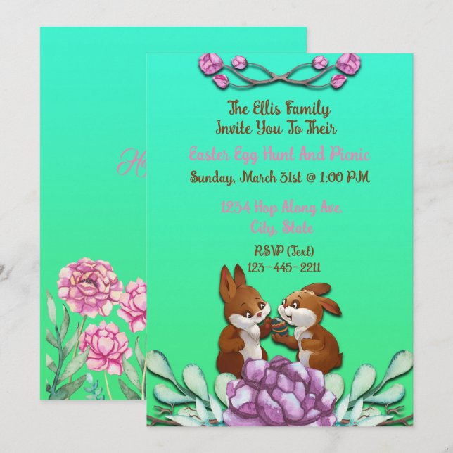 Invitación 🐰 Brunch de Pascua Adorable y caza de huevos (Anverso / Reverso)