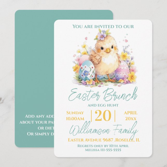 Invitación Brunch de Pascua Azul de Floral de Chick (Anverso / Reverso)
