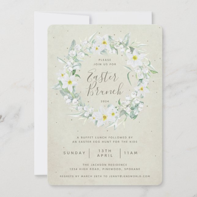 Invitación Brunch de Pascua Beige + Floral Blanco (Anverso)