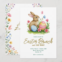 Invitación Brunch de Pascua de Acuarela de Conejo y Huevo Flo