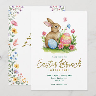 Invitación Brunch de Pascua de Acuarela de Conejo y Huevo Flo