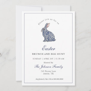 Invitación Brunch de Pascua de conejo de Chinoiserie azul y b
