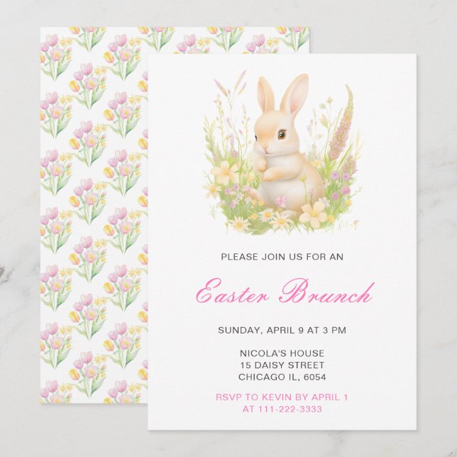 Invitación Brunch de Pascua de conejo de primavera (Anverso / Reverso)