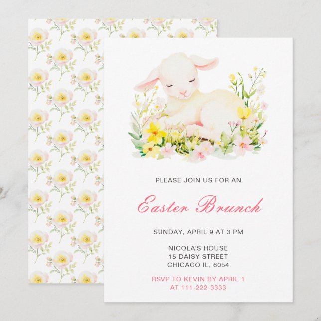 Invitación Brunch de Pascua de Corderito de Primavera (Anverso / Reverso)
