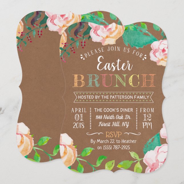 Invitación Brunch de Pascua de Kraft floral de primavera (Anverso / Reverso)