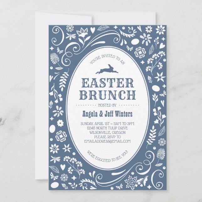 Invitación Brunch de Pascua en floral azul del dril de (Anverso)
