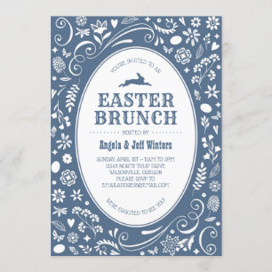 Invitación Brunch de Pascua en floral azul del dril de